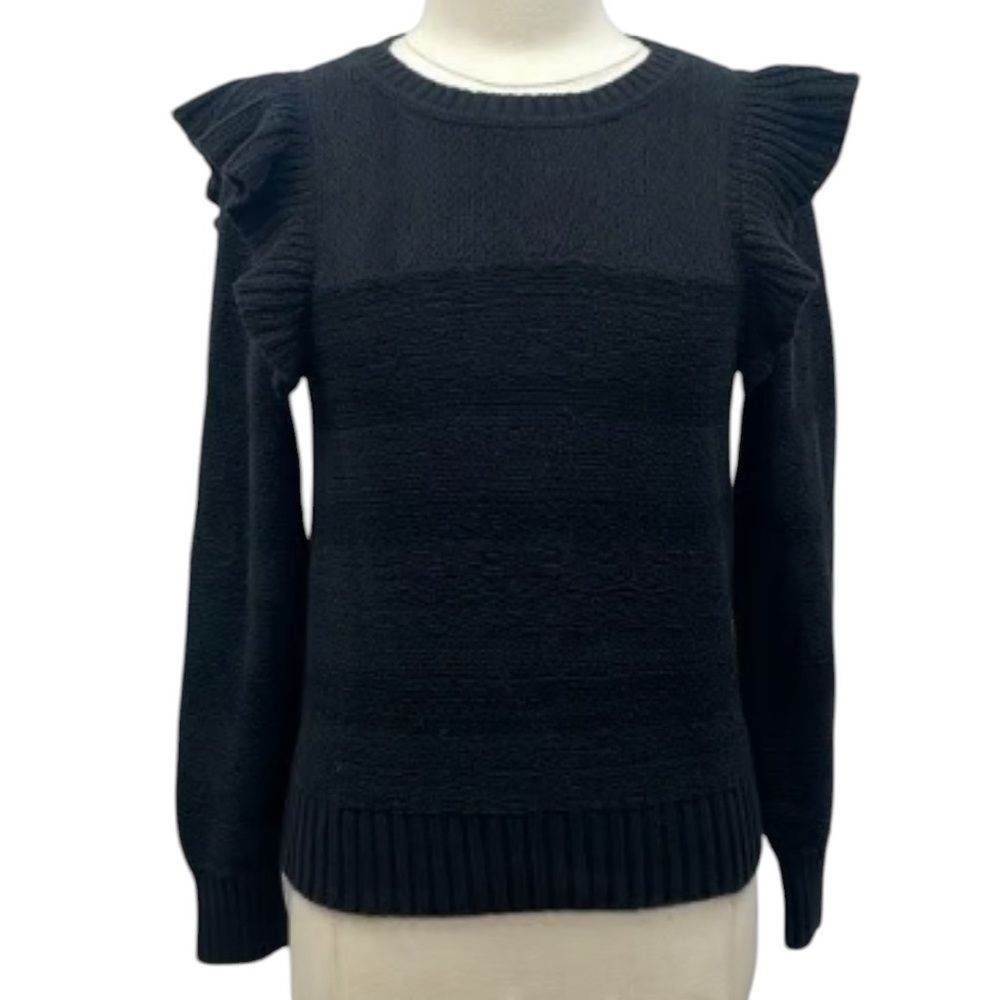 Anthropologie Pilcro Ruffle Textured Chunky Knit Pullover Sweater Black